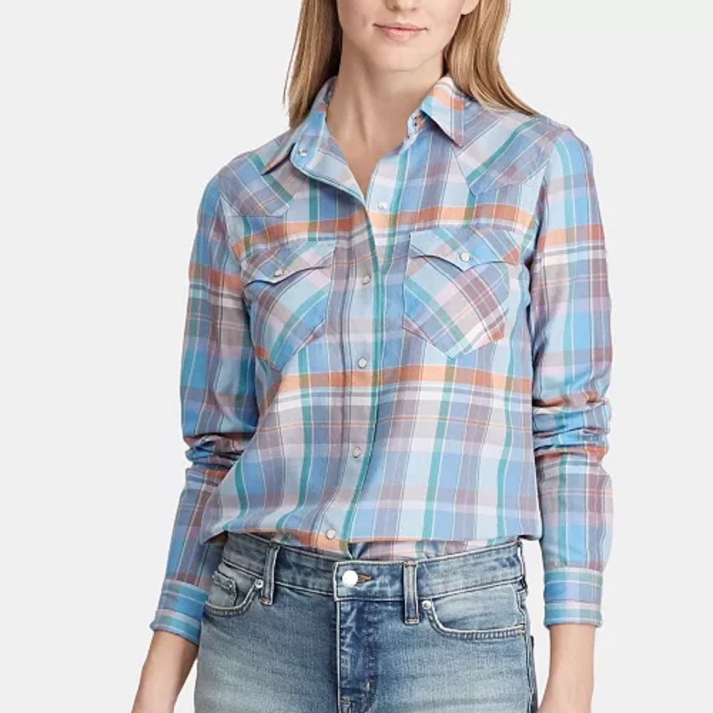 Lauren Ralph Lauren Size Small Plaid Cotton Snap Front Western Shirt